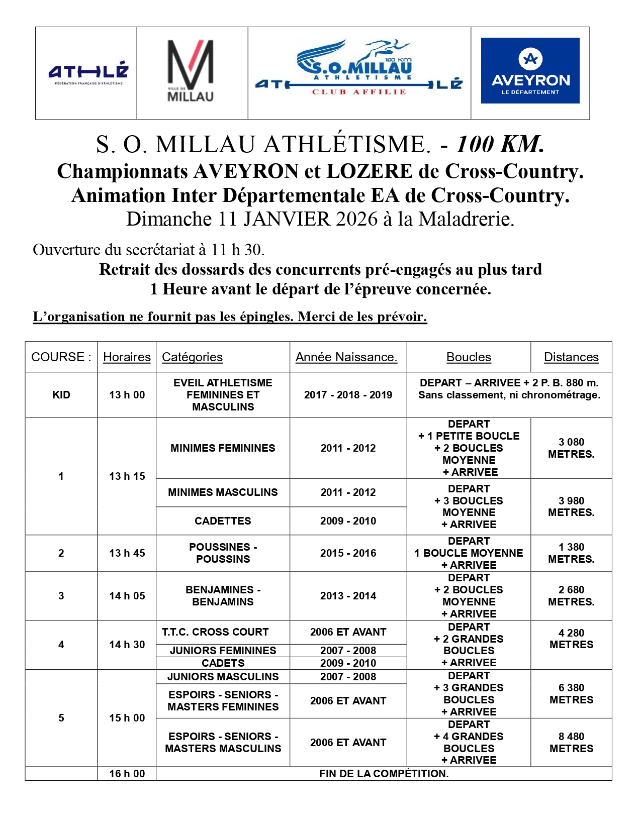 Programme Championnats de Cross 2026